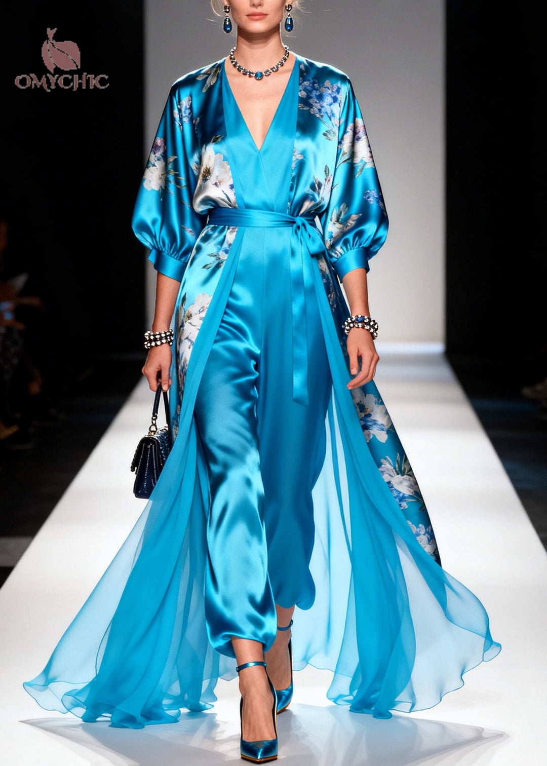 Vintage Blue Print Draping Silk Long Dresses Two Piece Set Summer