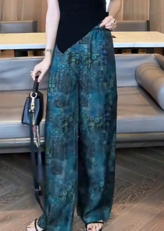 Vintage Blue Print Elastic Waist Cotton Pants Fall