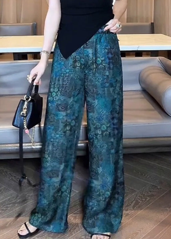 Vintage Blue Print Elastic Waist Cotton Pants Fall