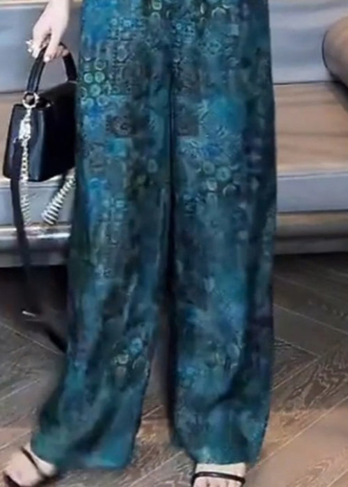 Vintage Blue Print Elastic Waist Cotton Pants Fall