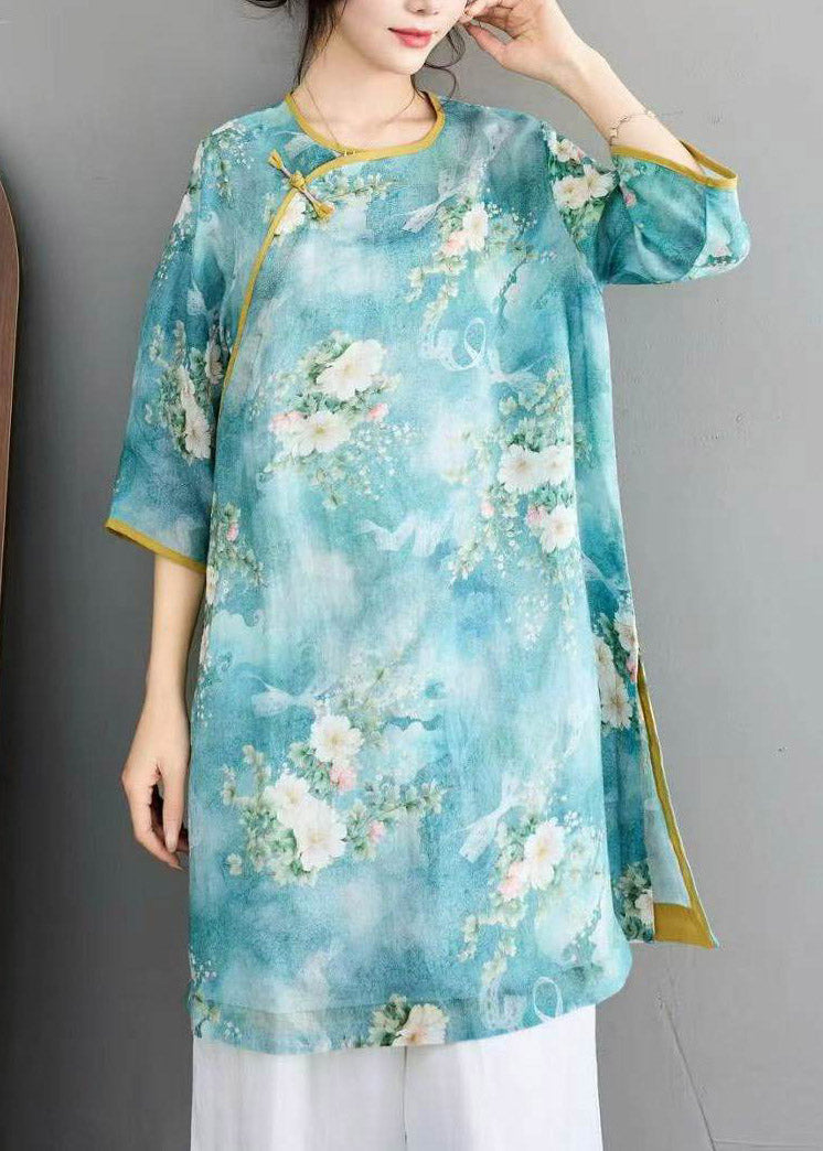 Vintage Blue Print Linen Top Half Sleeve