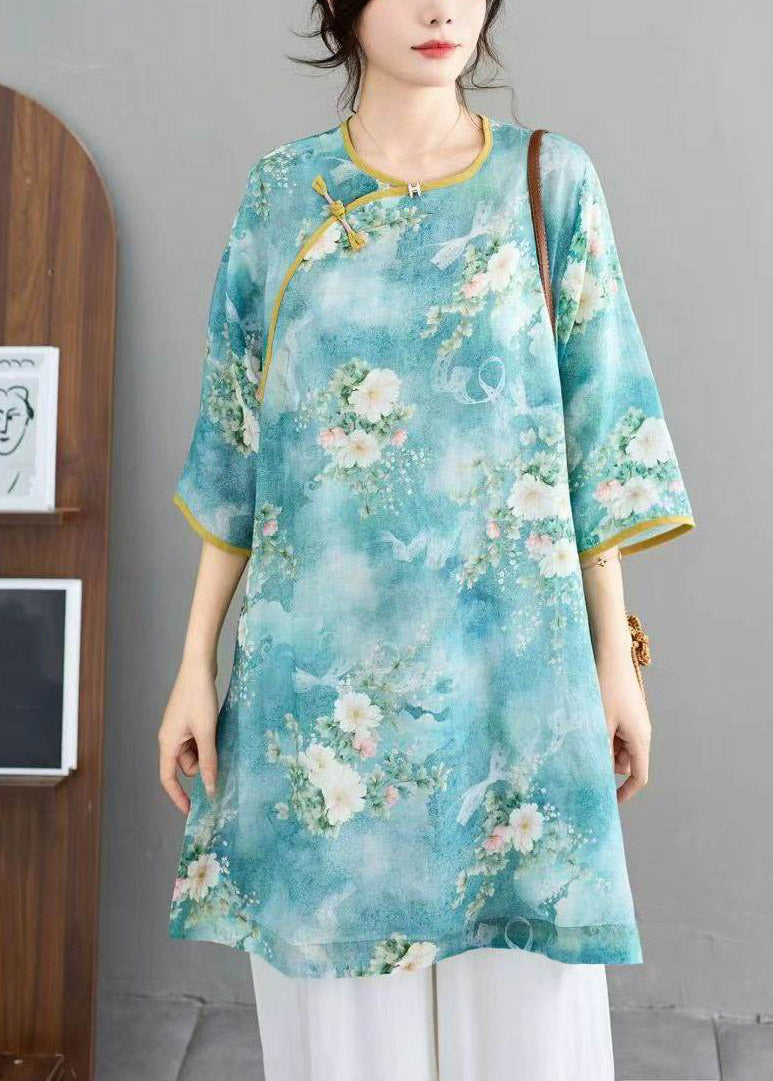 Vintage Blue Print Linen Top Half Sleeve