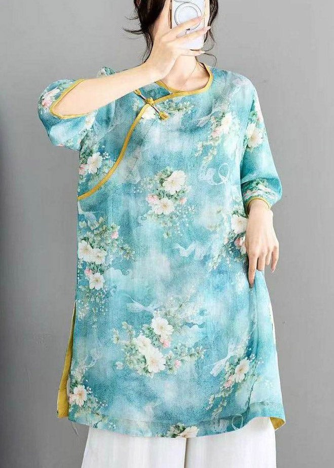 Vintage Blue Print Linen Top Half Sleeve