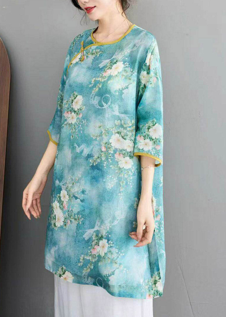 Vintage Blue Print Linen Top Half Sleeve