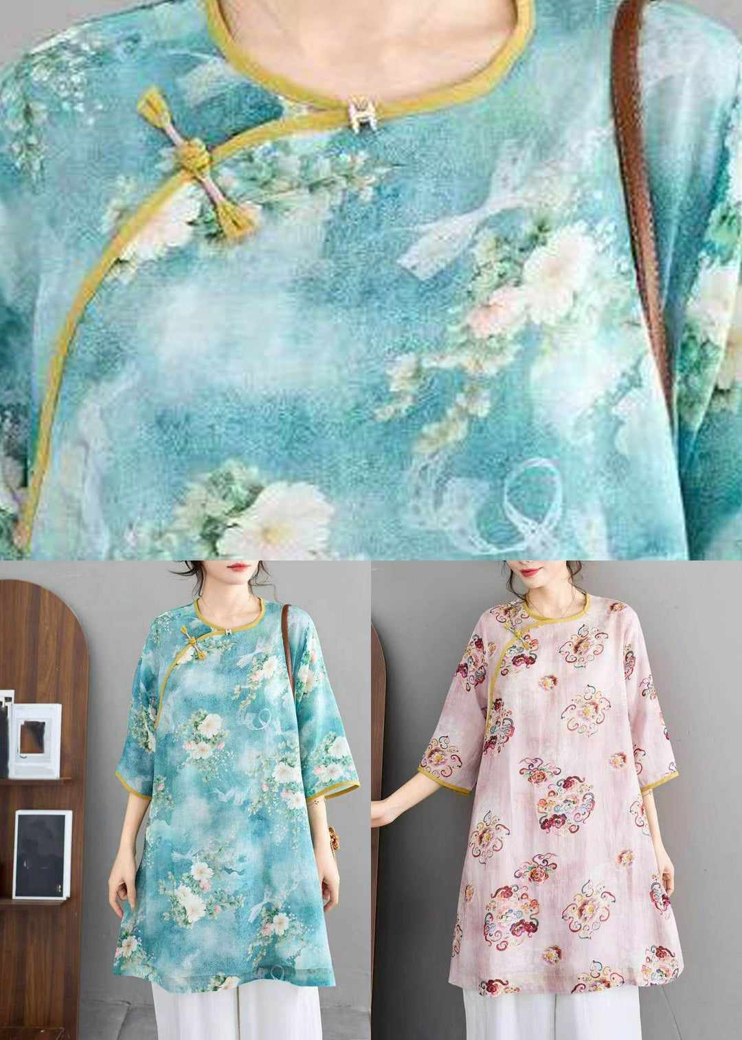 Vintage Blue Print Linen Top Half Sleeve
