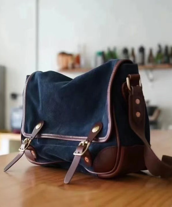Vintage Blue Solid Durable Suede Messenger Bag