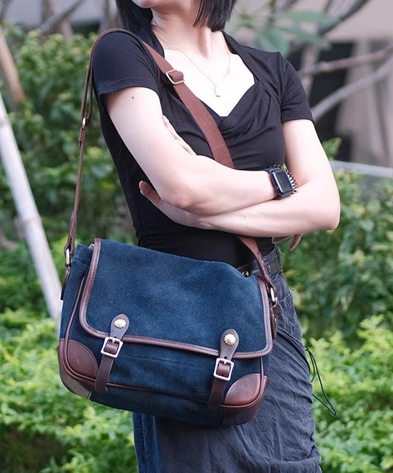 Vintage Blue Solid Durable Suede Messenger Bag