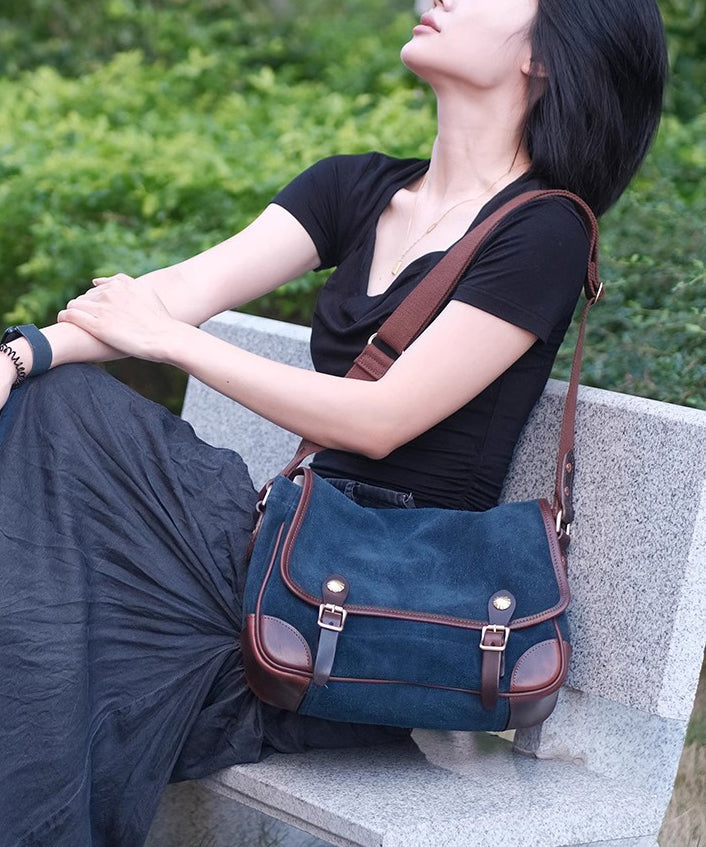 Vintage Blue Solid Durable Suede Messenger Bag