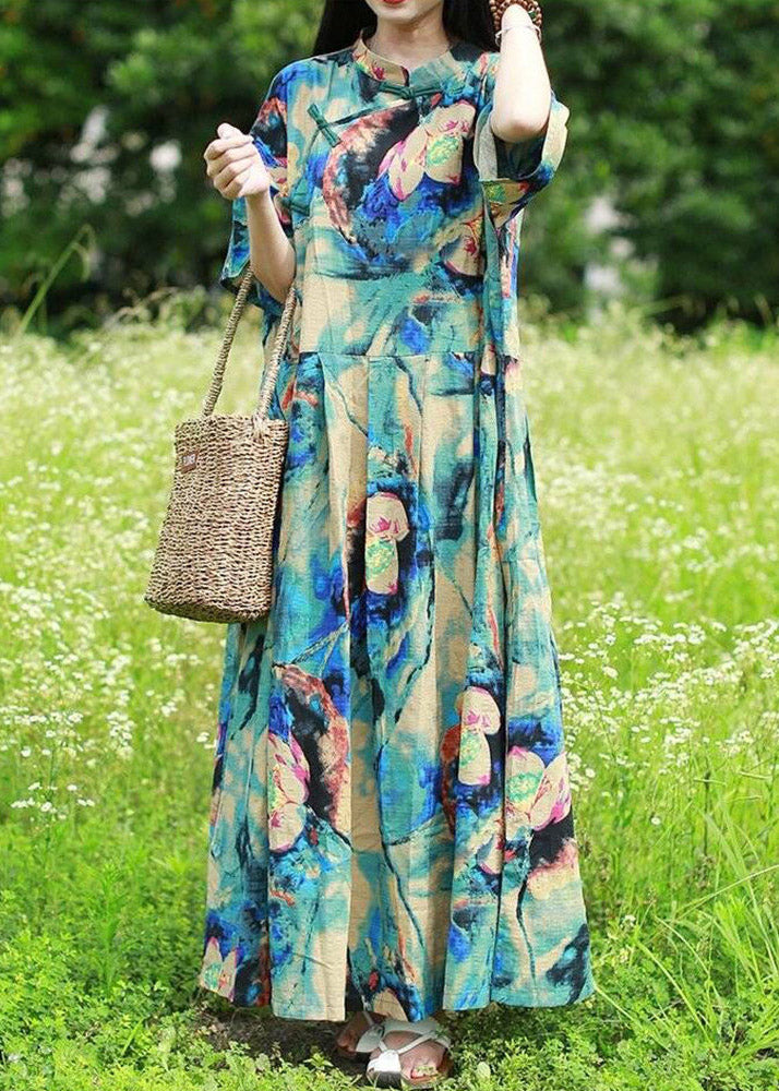 Vintage Blue Stand Collar Print Long Dress Short Sleeve