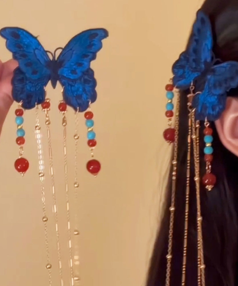 Vintage Blue Sterling Silver Overgild Butterfly Tassel Hairpin