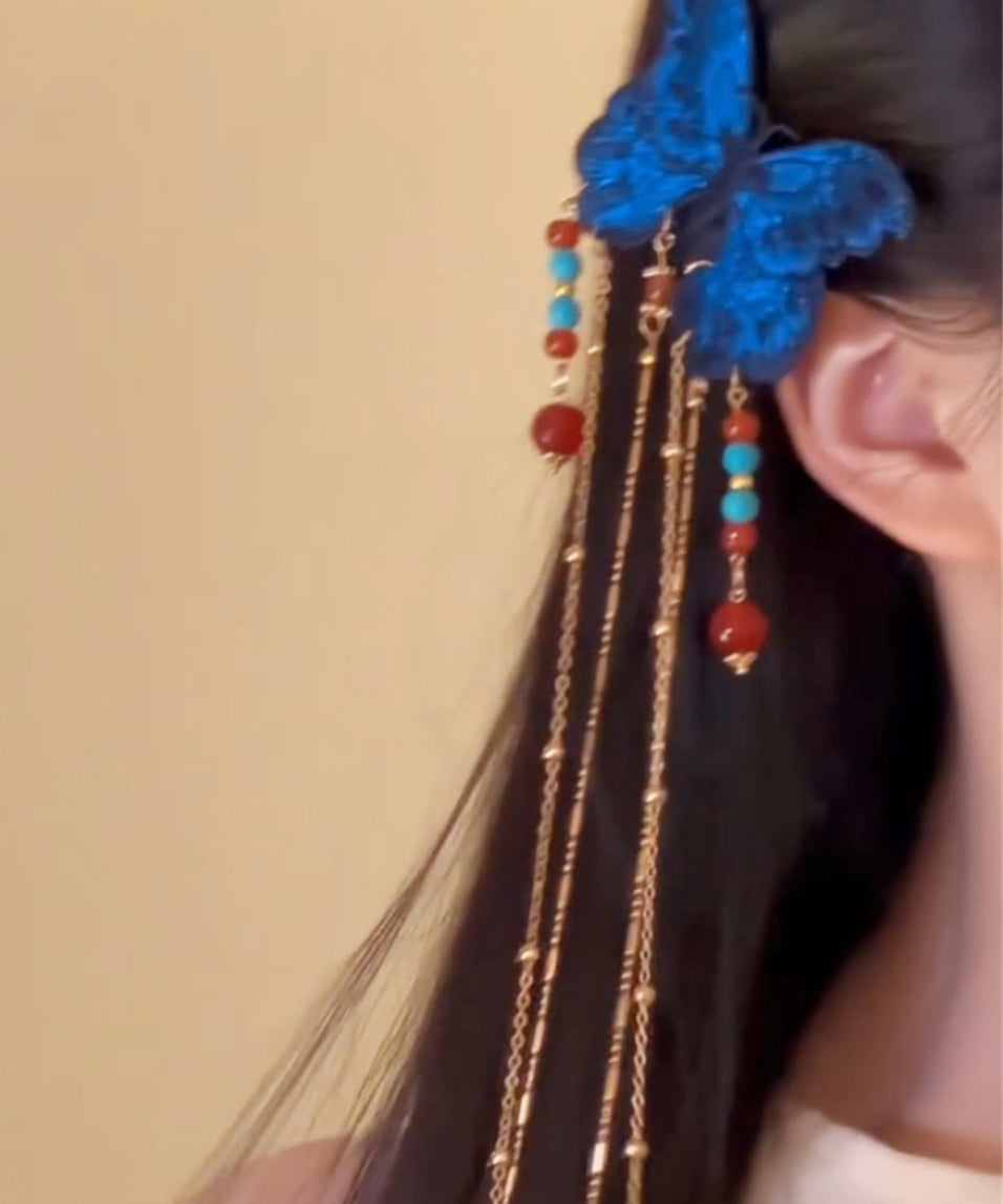 Vintage Blue Sterling Silver Overgild Butterfly Tassel Hairpin