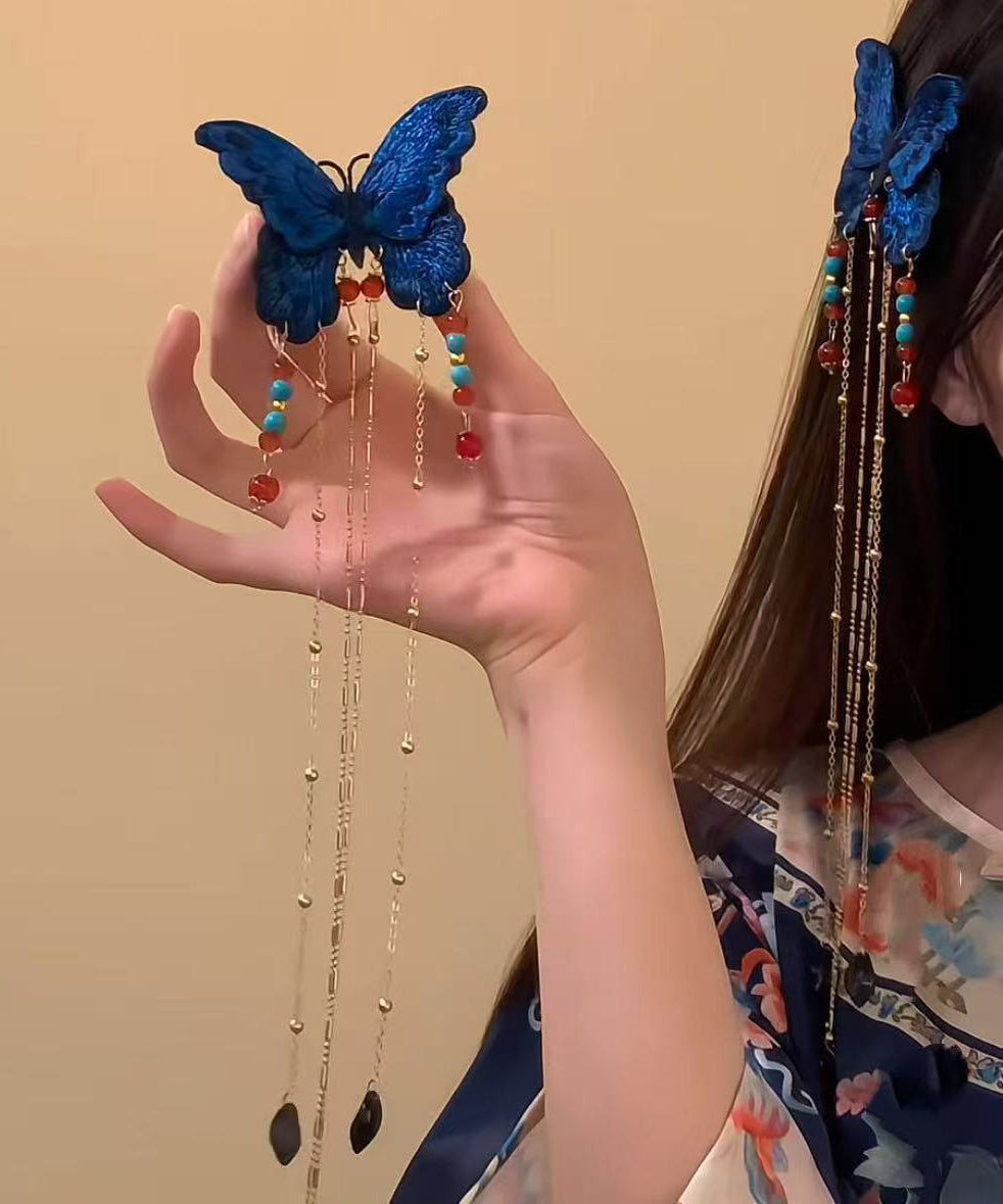 Vintage Blue Sterling Silver Overgild Butterfly Tassel Hairpin