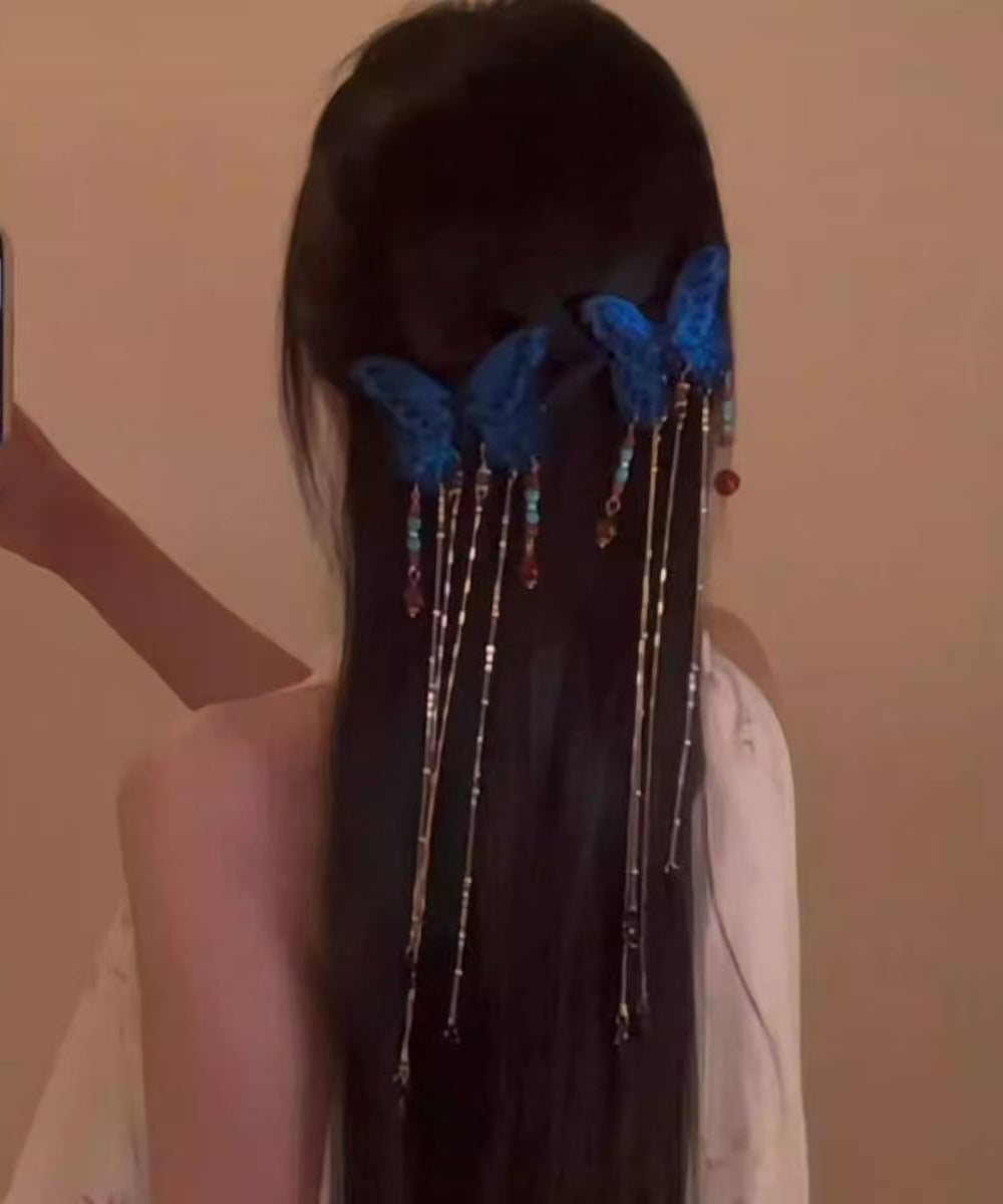 Vintage Blue Sterling Silver Overgild Butterfly Tassel Hairpin