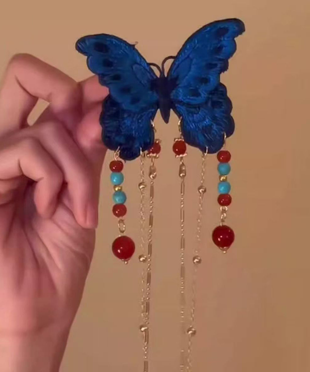 Vintage Blue Sterling Silver Overgild Butterfly Tassel Hairpin