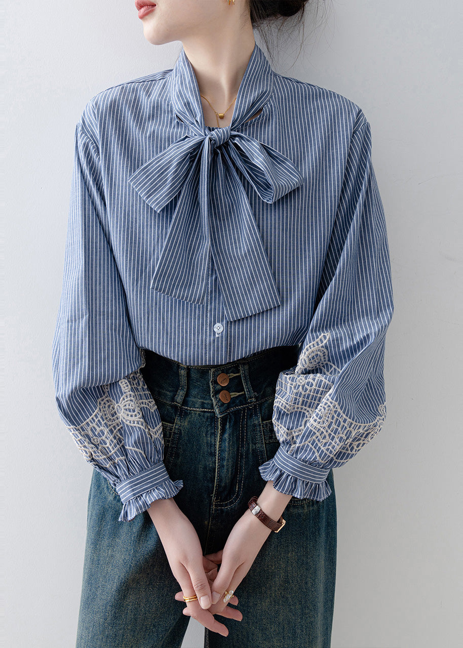 Vintage Blue Striped Bow Cotton Blouses Lantern Sleeve