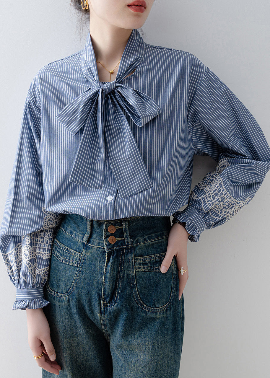 Vintage Blue Striped Bow Cotton Blouses Lantern Sleeve