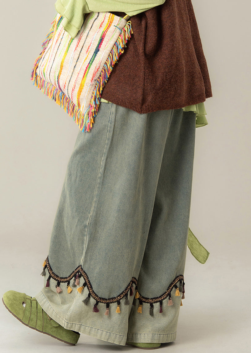 Vintage Blue Tasseled High Waist Patchwork Denim Wide Leg Pants Fall
