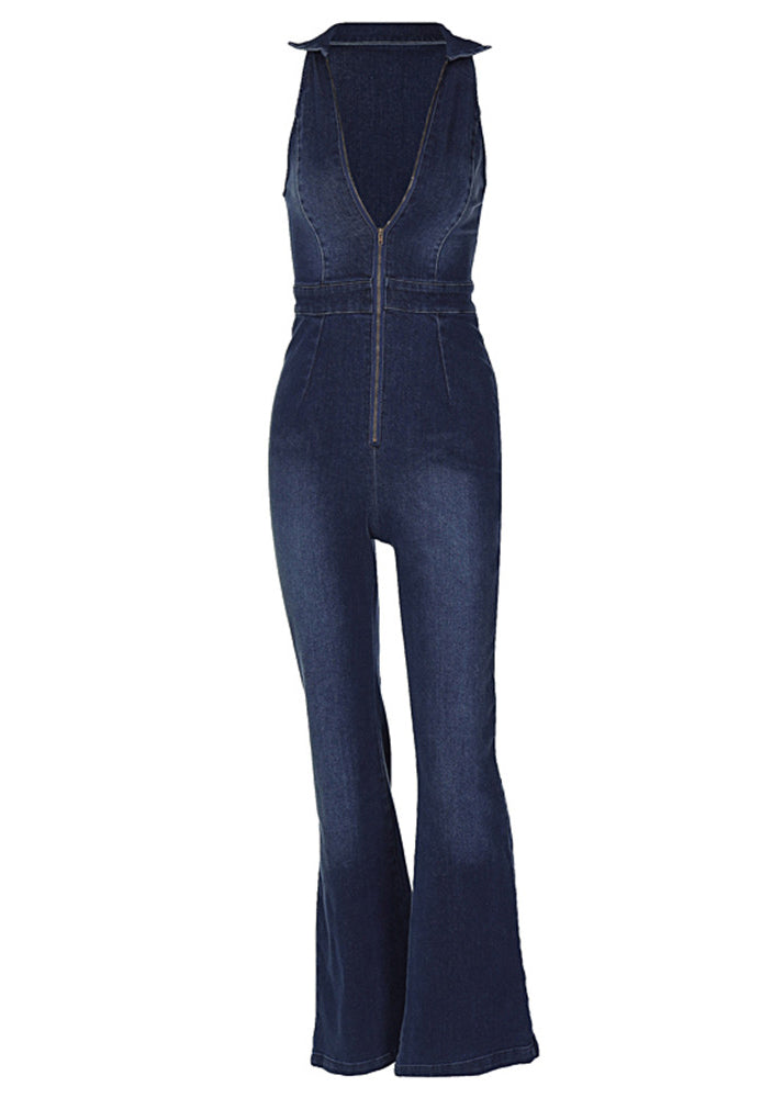 Vintage Blue Zip Up High Waist Denim Jumpsuit Sleeveless