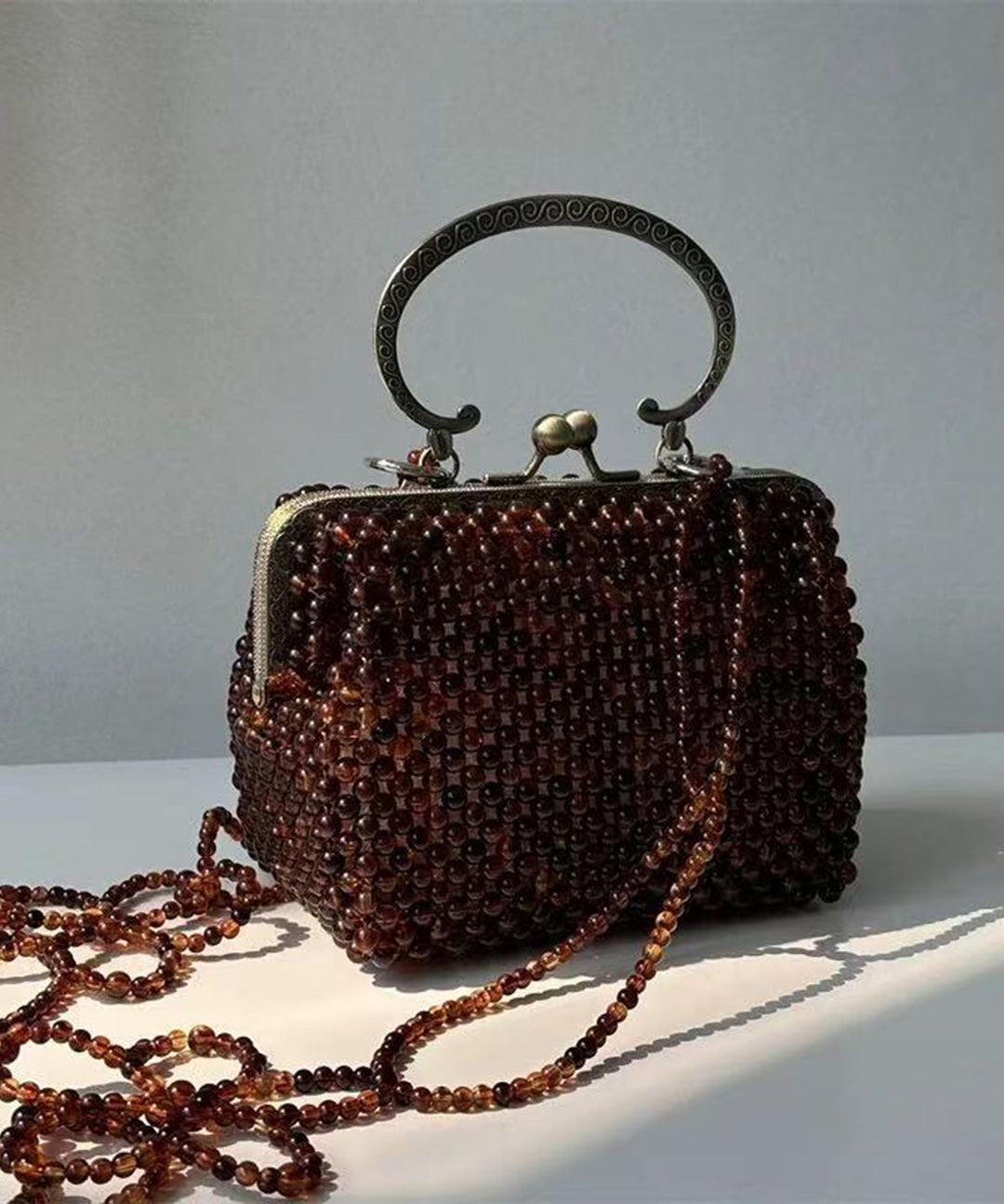Vintage Brown Acrylic Beaded Box Cut Out Clutch
