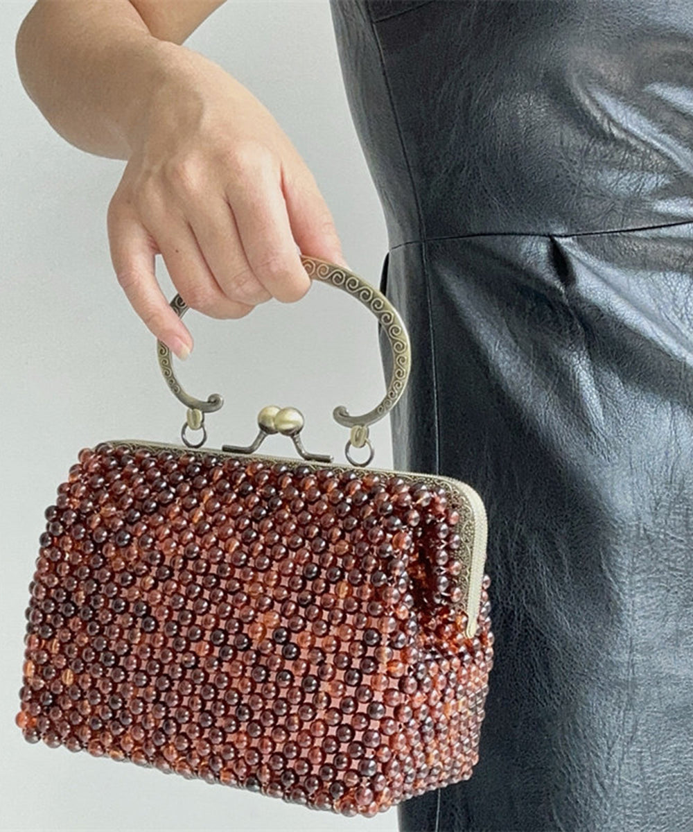 Vintage Brown Acrylic Beaded Box Cut Out Clutch