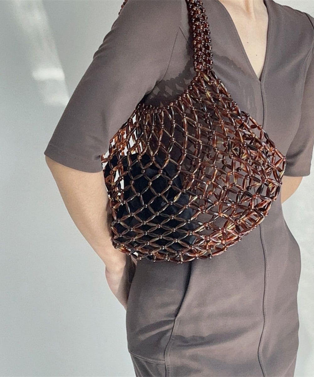 Vintage Brown Beaded Woven Cut Out Shoulder Bag
