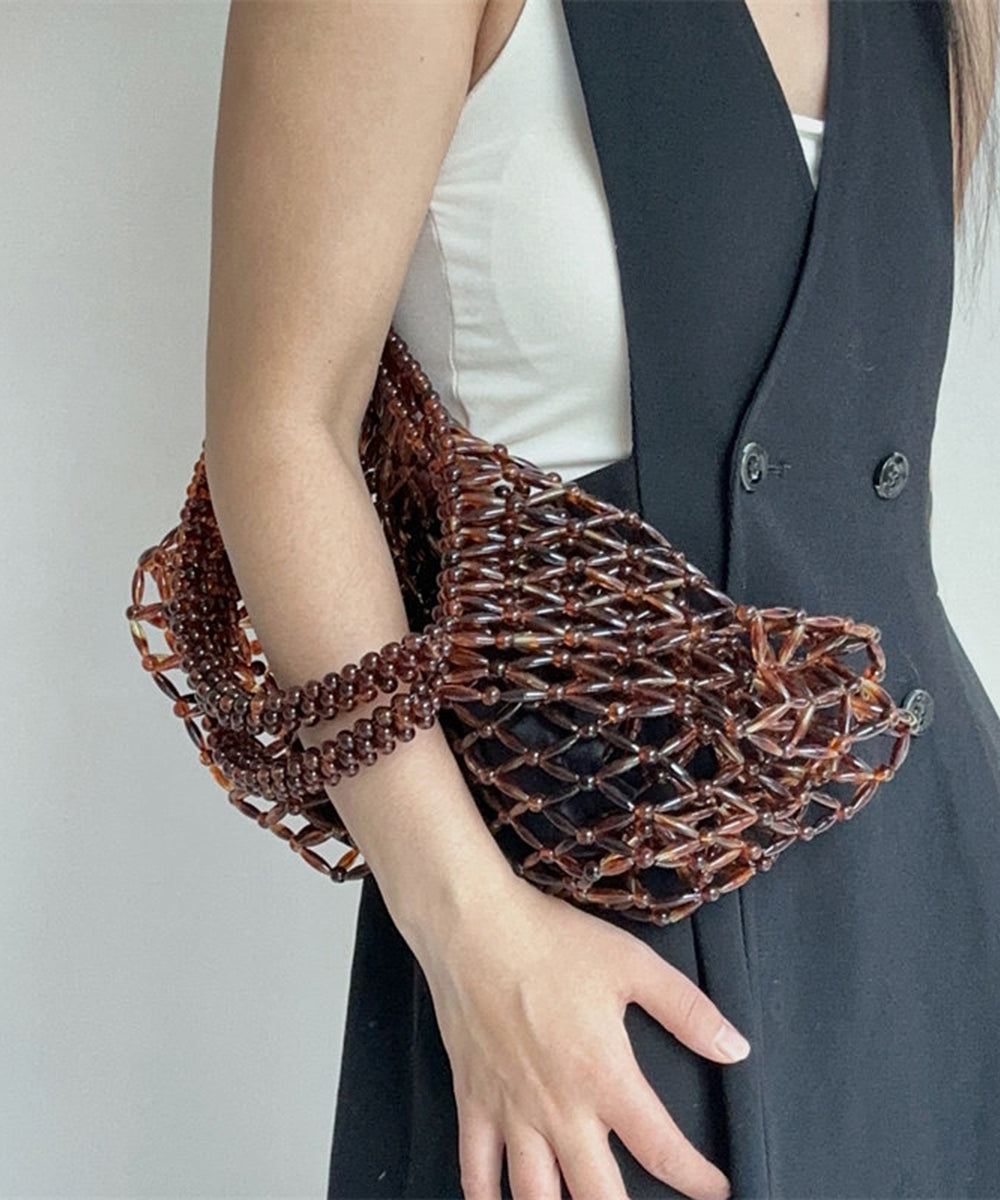 Vintage Brown Beaded Woven Cut Out Shoulder Bag