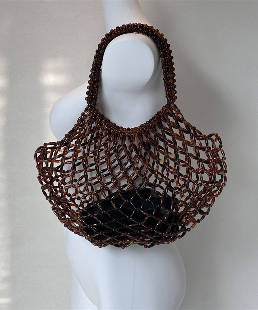 Vintage Brown Beaded Woven Cut Out Shoulder Bag