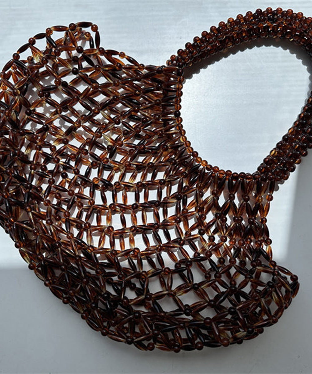 Vintage Brown Beaded Woven Cut Out Shoulder Bag