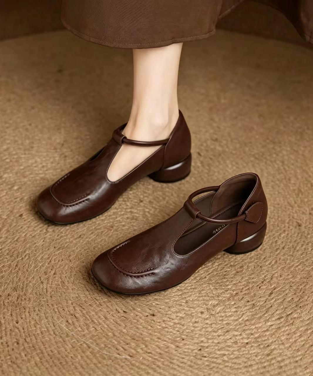 Vintage Brown Buckle Strap Cowhide Leather Low Heel Mary Jane Shoes