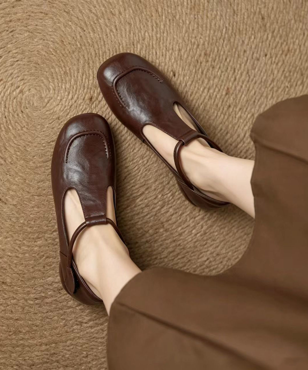 Vintage Brown Buckle Strap Cowhide Leather Low Heel Mary Jane Shoes