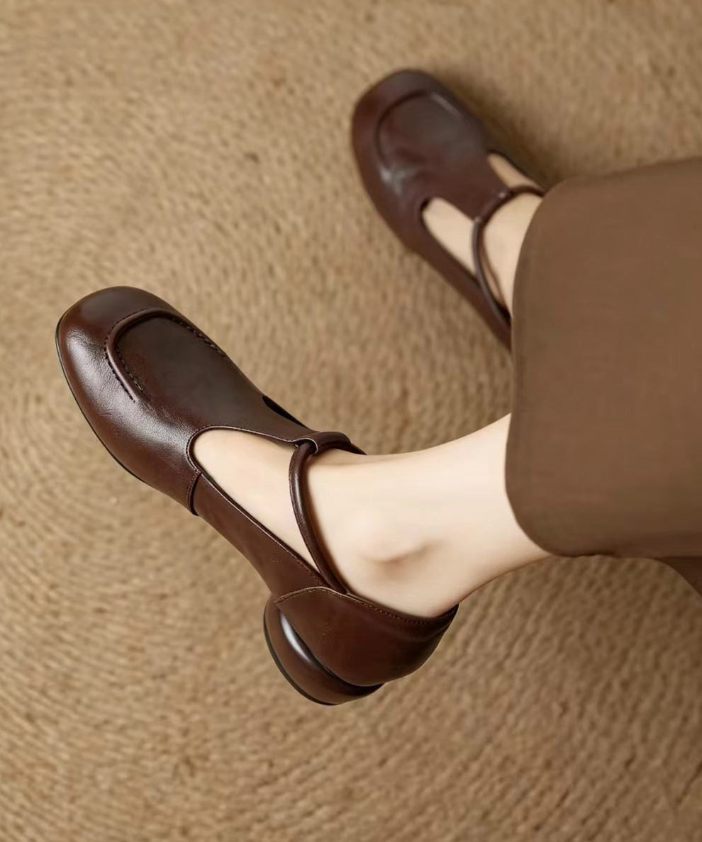 Vintage Brown Buckle Strap Cowhide Leather Low Heel Mary Jane Shoes