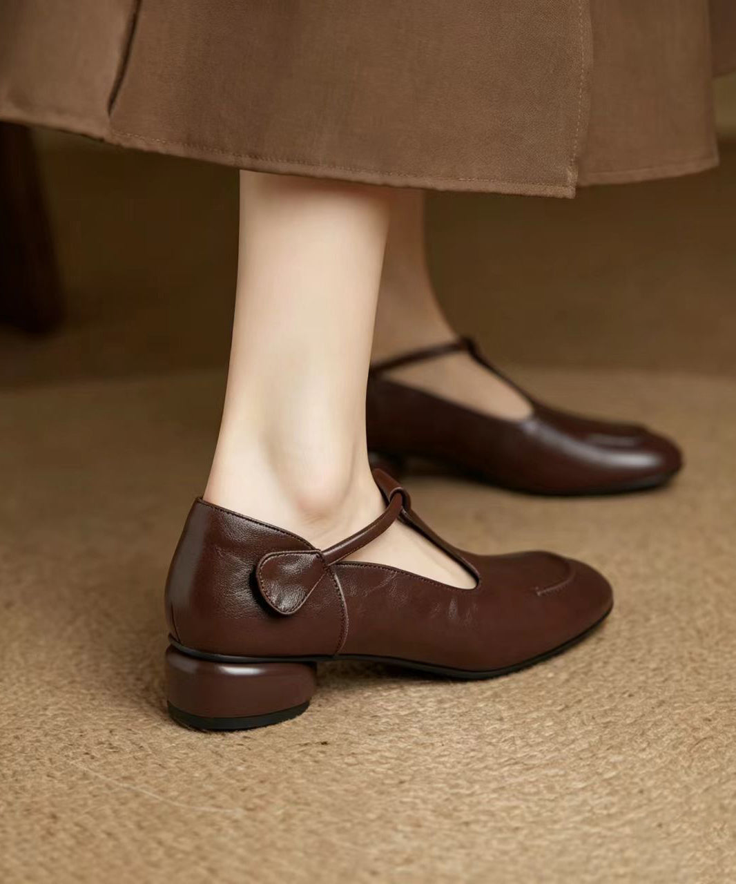 Vintage Brown Buckle Strap Cowhide Leather Low Heel Mary Jane Shoes