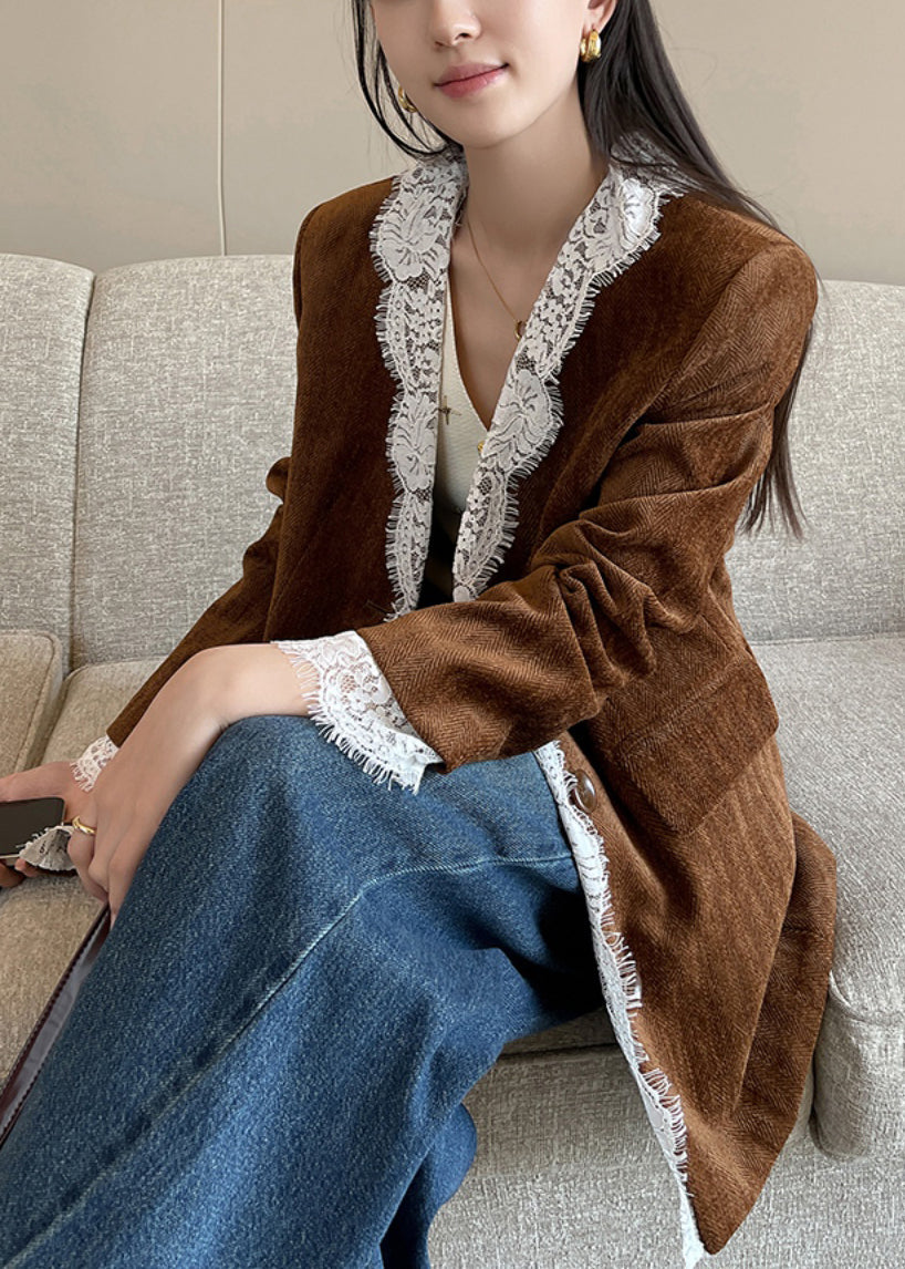 Vintage Brown Button Lace Patchwork Silk Velvet Coats Fall