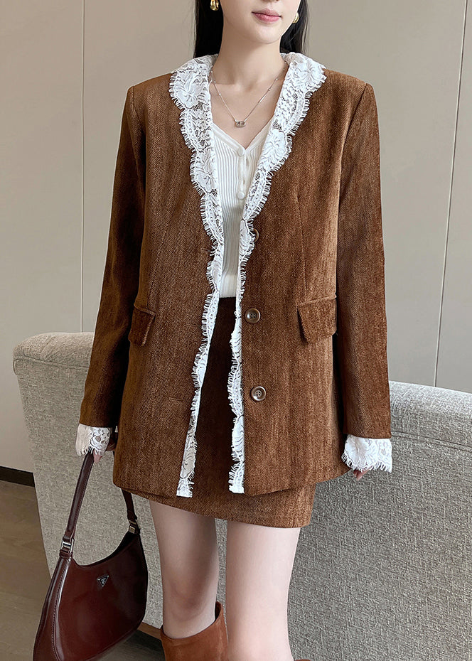 Vintage Brown Button Lace Patchwork Silk Velvet Coats Fall