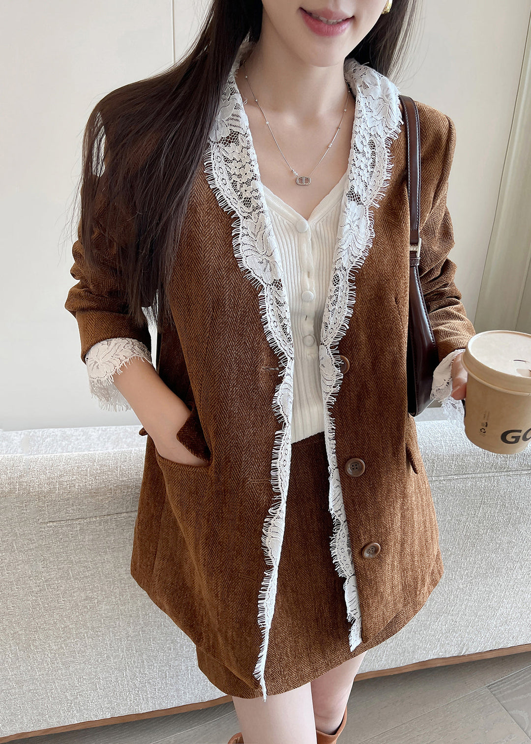Vintage Brown Button Lace Patchwork Silk Velvet Coats Fall