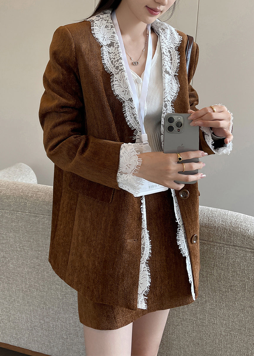 Vintage Brown Button Lace Patchwork Silk Velvet Coats Fall