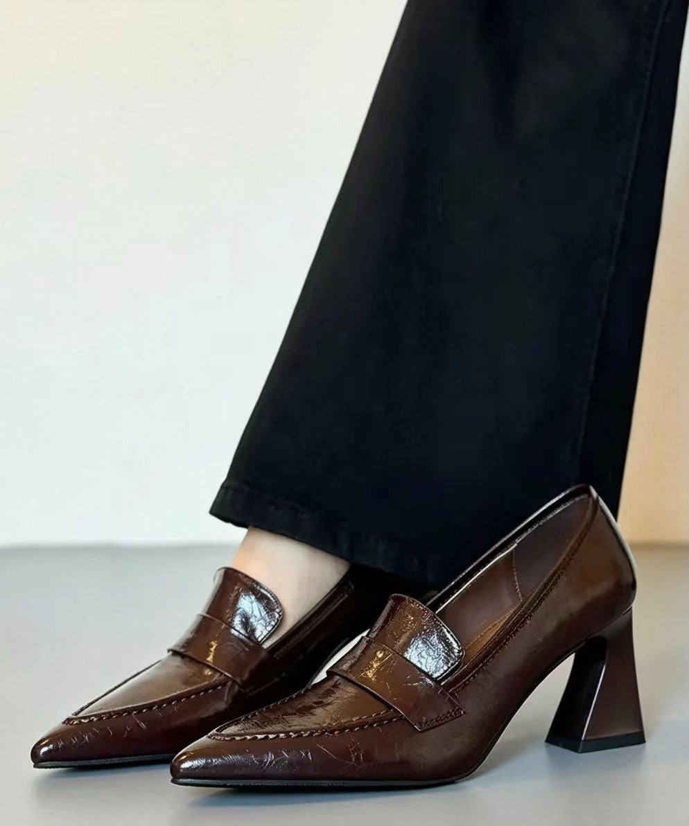 Vintage Brown Cowhide Leather Pointed Toe High Heels