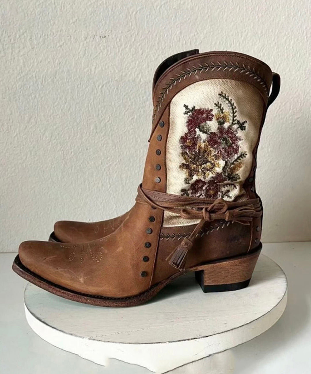 Vintage Brown Embroidery Side Zipper Chunky Split Cowhide Leather Cowgirl Boots