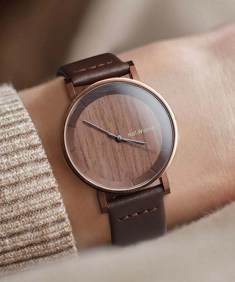 Vintage Brown Genuine Leather Inlaid Wooden Quartz Movement Watch