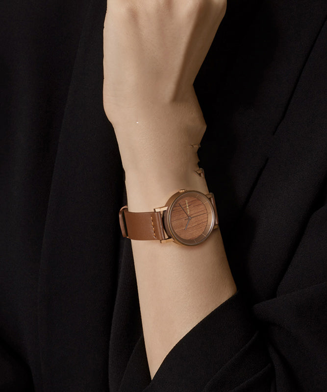 Vintage Brown Genuine Leather Inlaid Wooden Quartz Movement Watch