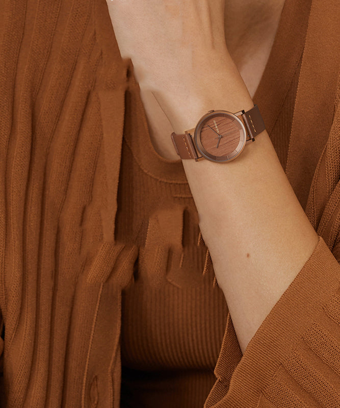Vintage Brown Genuine Leather Inlaid Wooden Quartz Movement Watch