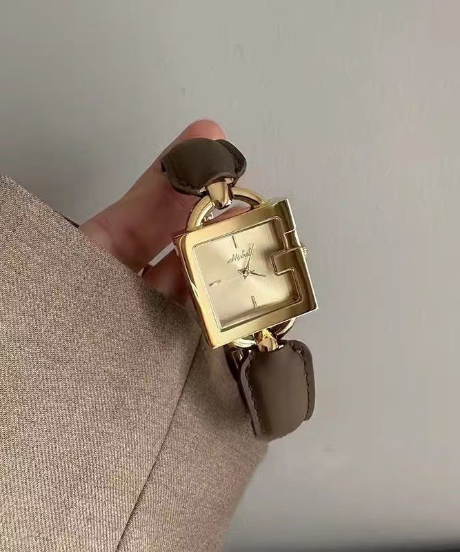 Vintage Brown Gold Leather Patchwork Chain Quartz Movement Square Watches