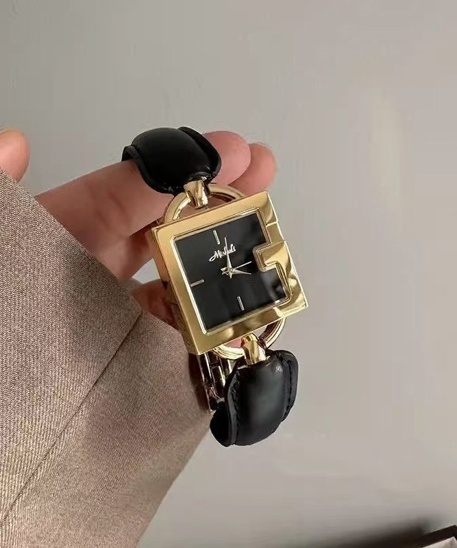 Vintage Brown Gold Leather Patchwork Chain Quartz Movement Square Watches