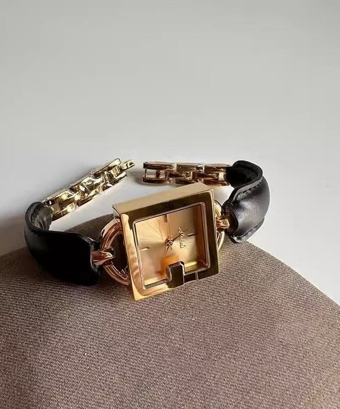 Vintage Brown Gold Leather Patchwork Chain Quartz Movement Square Watches