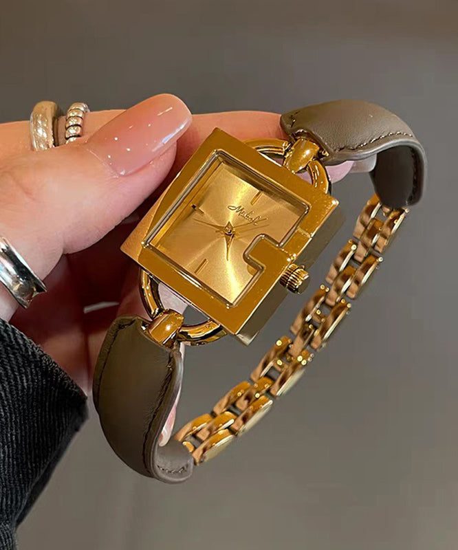 Vintage Brown Gold Leather Patchwork Chain Quartz Movement Square Watches