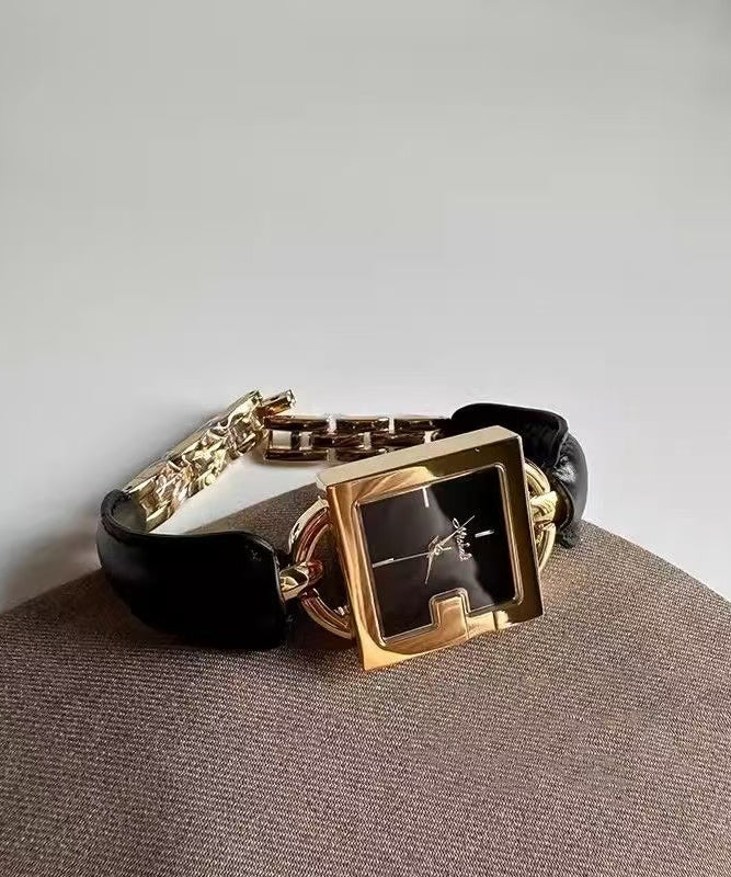 Vintage Brown Gold Leather Patchwork Chain Quartz Movement Square Watches