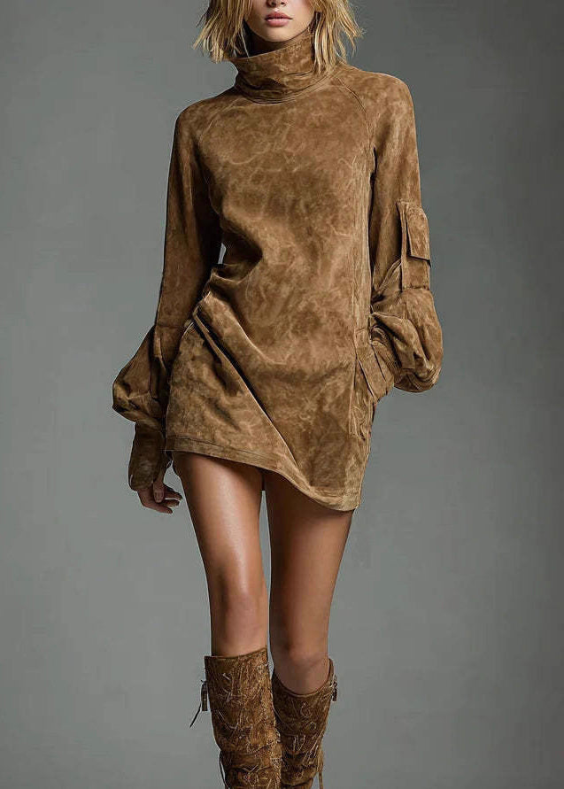 Vintage Brown High Neck Faux Suede Mid Dress Lantern Sleeve