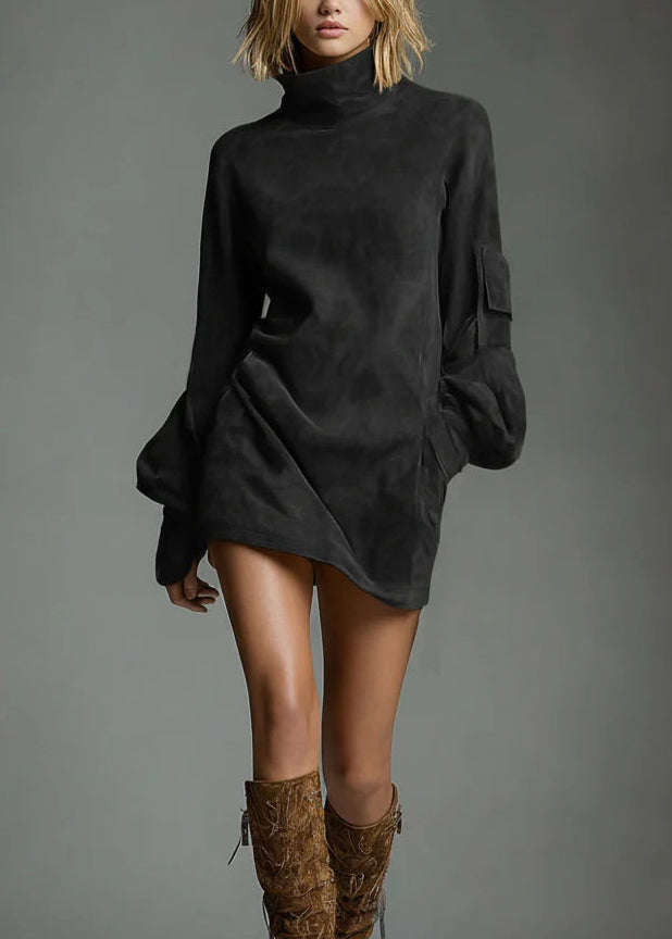 Vintage Brown High Neck Faux Suede Mid Dress Lantern Sleeve