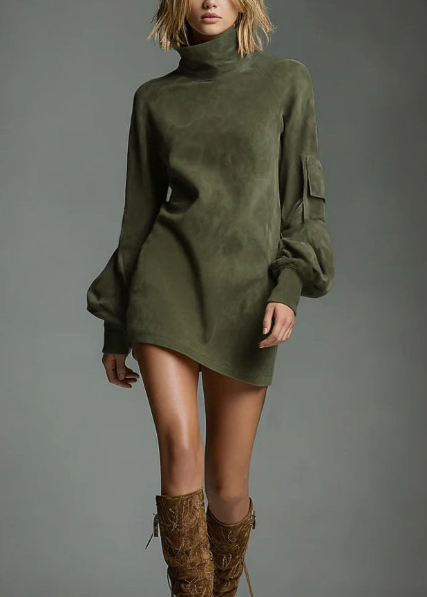 Vintage Brown High Neck Faux Suede Mid Dress Lantern Sleeve