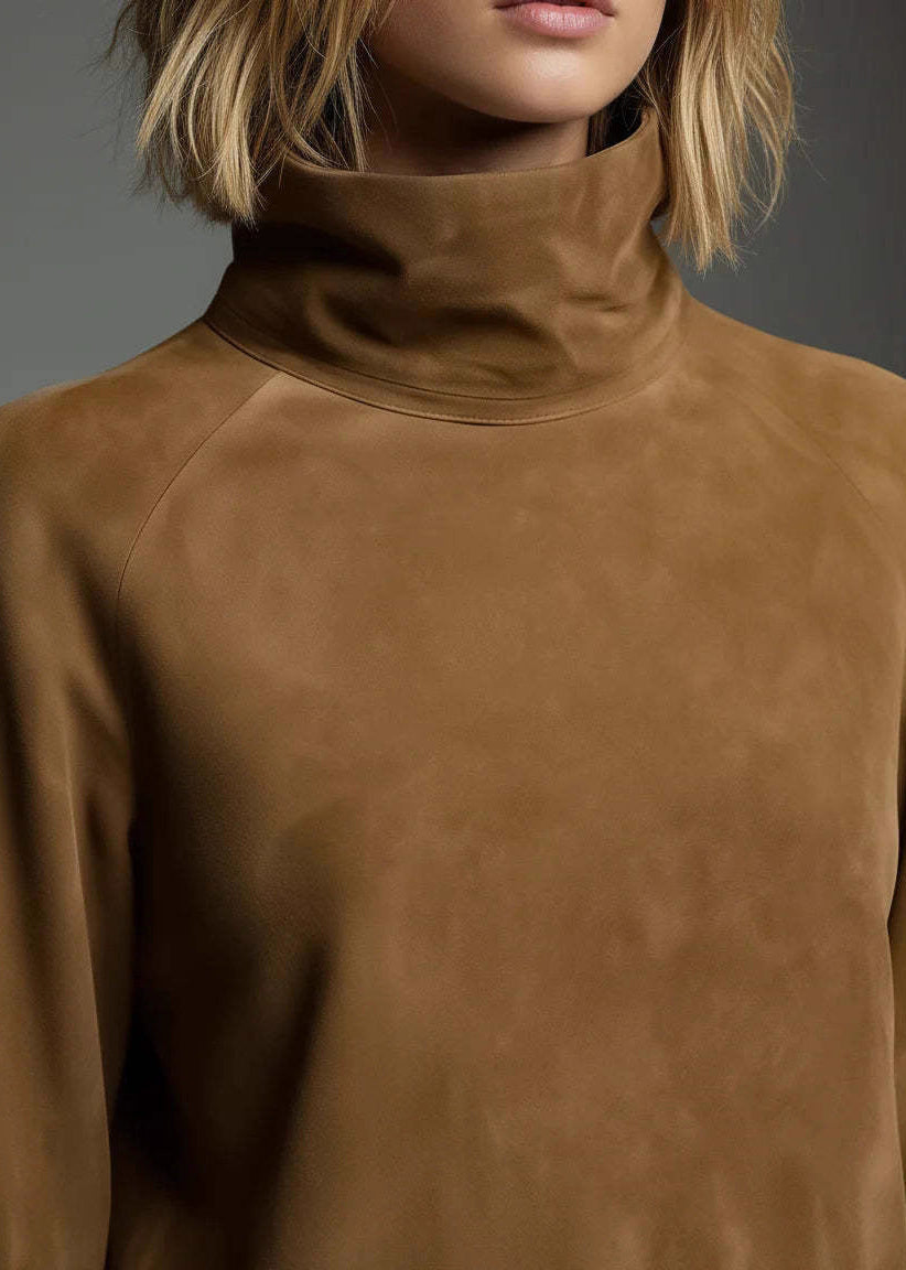 Vintage Brown High Neck Faux Suede Mid Dress Lantern Sleeve